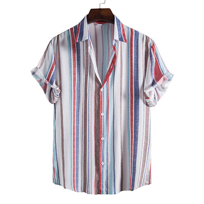 #ad Mens Summer Casual Hawaiian Loose Blouse Tops Beach Stripes Short Sleeve Shirts $18.30