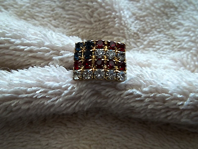 #ad Flag Shape Adjustable Ring Gold Tone Metal Red Clear Blue Crystals FD $5.00