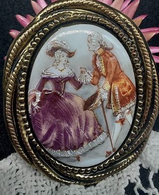 #ad Vintage Porcelain Cameo Brooch Lover Dance Courting Couple Gold Tone Pin Germany $20.00