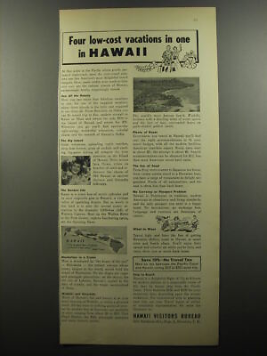 #ad 1956 Hawaii Visitors Bureau Ad Four low cost vacations in one in Hawaii $19.99