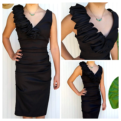#ad Vintage Y2K Black Dress Size 4 New Pin Up Wiggle V Neck Taffeta Rosettes Formal $44.99