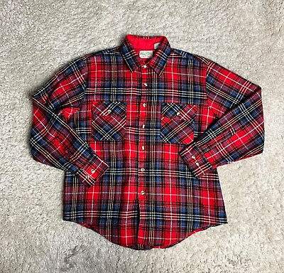 #ad VTG Sears Mens Store Flannel Shirt Size 16 16.5 Large Red Plaid Retro Work $20.69