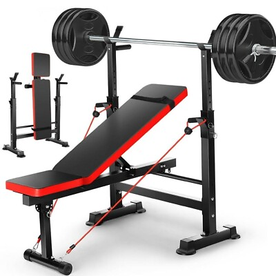 #ad 600LBS 4 in 1 Adjustable Weight Bench Folding Workout Bench Set w Barbell Rack $89.99