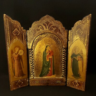 #ad Vintage Madonna and Child Triptych Florentine Icon Gold Gilt Wooden Roma Italy $67.96