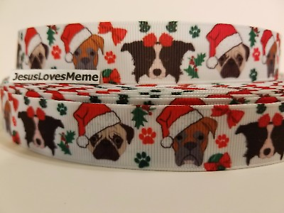 Grosgrain Ribbon Christmas Dogs Santa Hats Pug Border Collie Paw Prints 7 8quot; $4.75