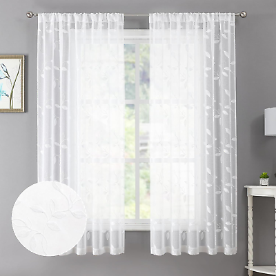 #ad White Leaf Sheer Curtains Leaves Embroidered Living Room Short Curtain Rod Pocke $24.36