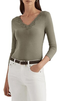 #ad Lauren Ralph Lauren Women’s Size S Lace Trim Stretch Cotton Top Green NwoT $27.53