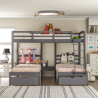 Full Over Twin amp; Twin Bunk BedTriple Bunk Bed with Drawers Gray Bed Frame Wood $919.99