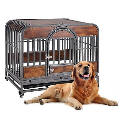 #ad 46in Furniture Style Dog Crates With Removable Trays Wheels Indestructible $328.97