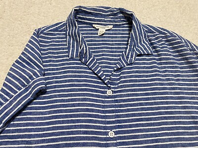 #ad Beach Lunch Lounge Womens Medium Shirt Button Down Blue Striped Linen Blend $15.00