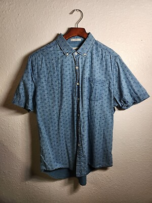 #ad Mens Large Slim Fit Button Up Short Sleeve Shirt Blue Floral Print 100% Cotton $4.95