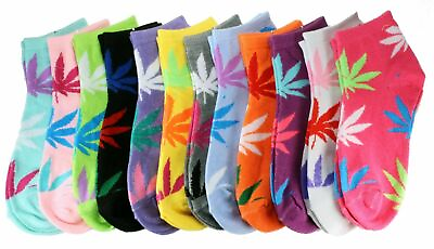 #ad 12 Pairs Womens Ankle Quarter Socks Size 9 11 Marijuana Weed Leaf Fashion Casual $7.99