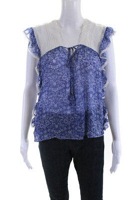 #ad Love Sam Womens Silk Chiffon Floral Lace V Neck Sleeveless Blouse Blue Size S $42.69