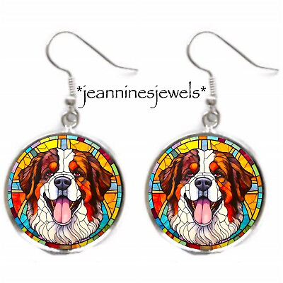#ad Faux Stained Glass Saint Bernard Dog Silver Charm EARRINGS Dog Mom Gift $21.99
