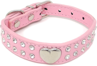 #ad Cute XS 2 Rows Rhinestone Bling Heart Studded Leather Dog Collar for Puppy Pet $14.11