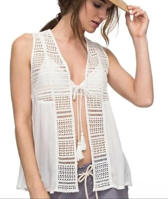 #ad Roxy Off White Women Medium Crochet Lace Spirit Bird Tank Top Vest NEW Festival $28.24
