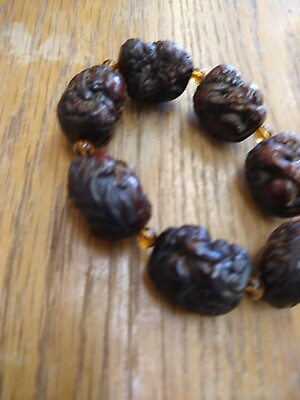 #ad Rare Antique Foo Dog Bracelet Chinese Prayer Brown Nut Bracelet Seven 1quot; Beads $78.99