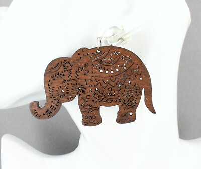 #ad Dark Brown Clip On elephant earrings wood earrings Big pendant Clips lightweight $13.99