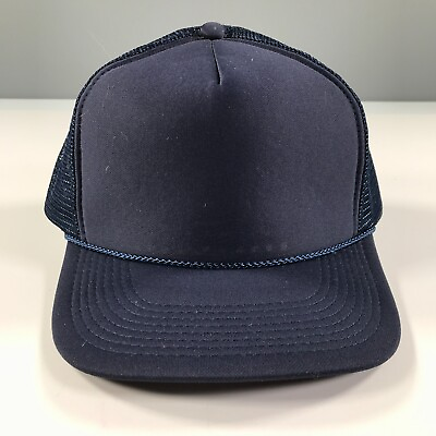#ad Vintage Navy Blue Trucker Hat Mesh Dome Foam Front Blank Rope Accent Headfirst $9.99