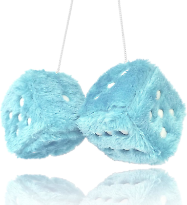 #ad Fuzzy Plush Dice for Car Mirror Pair of Retro 3” Light Blue Dice with White for $12.53