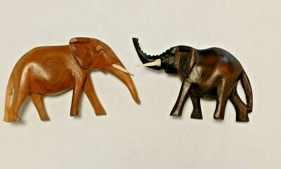 #ad 2 Vintage Hand Carved Small Wooden Elephant Figurines 3 to 5 inches with Tusks $24.99