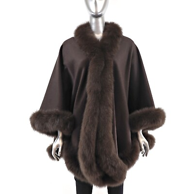 #ad Brown Cashmere Cape with Fox Trim Size Free $385.00