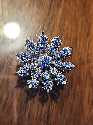 #ad Blue RHINESTONE Starburst Pin BROOCH Golden Atomic Vintage Snowflake $9.99