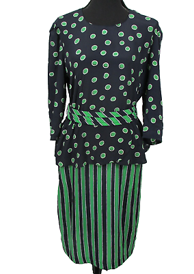 #ad SABINO PETITES Dress Womens Size 10 Blue Green Polka Dot Striped Vintage Peplum $24.98