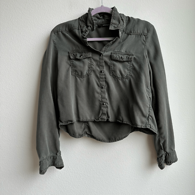 #ad The Kooples 100% Lyocell Cropped Army Green Long Sleeve Button Down Size Small $24.00