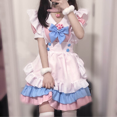 #ad Maid Costume Cute Plus Size 4XL Pink Blue Dress For Women Plus Size School Girl $33.24