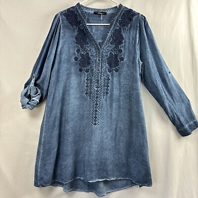#ad Andre by Unit Tunic Top Women S Boho Blue Floral embroidery Stone Wash Chambray $20.83