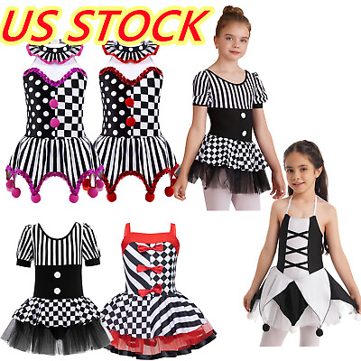 #ad US Girl#x27;s Clown Costume Dance Leotard Dress Kids Circus Ringmaster Tutu Dress $8.09