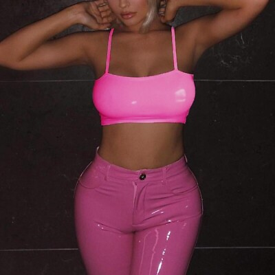 #ad Sexy Bright Pink PU Pleather PVC Crop Top Summer Clubwear Midriff Tank Tee $42.22