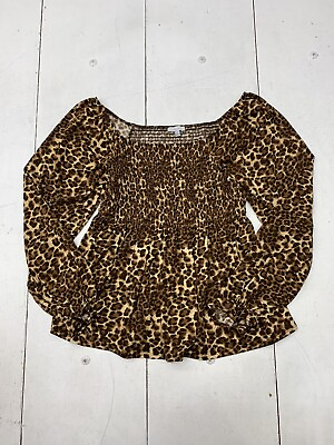 #ad White Birch Womens Brown Cheetah Print Scrunch Long Sleeve Shirt Size Large $16.00