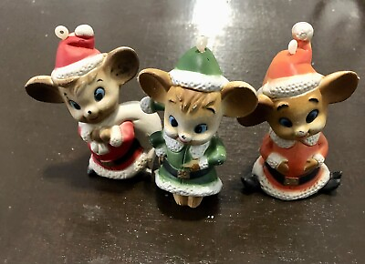 #ad 3 Christmas Mice 3quot; ORNAMENTS Vintage HONG KONG Red Green Santa Suits $12.57