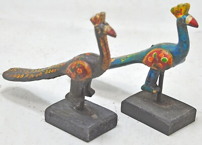 #ad Set of 2 Vintage Wooden Small Peacock Figurines Original Old Hand Carved Painted $49.00