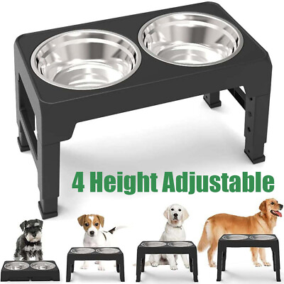 #ad Stainless Steel Adjustable Height Pet Dog Elevated Double Bowl Feeder Dish $25.98