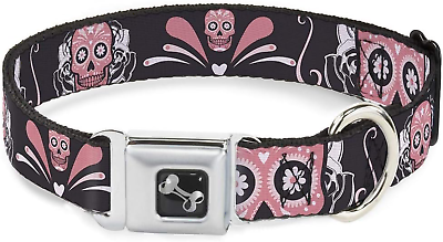 #ad Dog Collar Seatbelt Buckle Sugar Skulls Gray Pink 18 to 32 Inches 1.5 Inch Wide $25.99