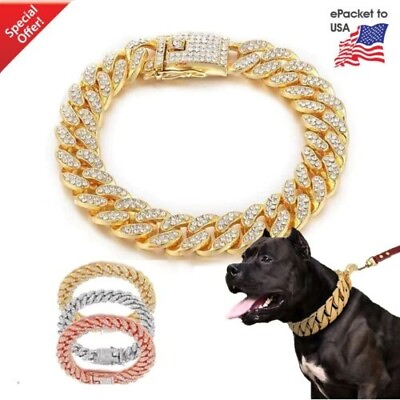 #ad #ad Luxury Dog Collar Chain Diamond Cuban Gold Rhinestones Pitbull Cat Necklace 2023 $12.99