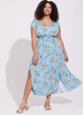 #ad NWT Torrid Maxi Dress 3X Womans Plus Blue Orange Fruit Print Double Side Slit $47.99