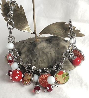 #ad Mixed Media Christmas Charms Chain Bracelet 8” Oval Link Silver Lobster Clasp $18.00