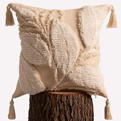 #ad New Nature Leaves Leaf Boho Cream Tassel Throw Pillow Case Cover Sham 18quot; x 18quot; $39.60