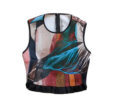 #ad Clover Canyon Neoprene Ruffle Crop Top Size XS Sleeveless Abstract Multicolor $17.48