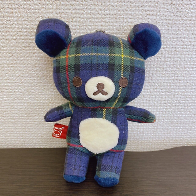#ad San X Rilakkuma Plush Plaid Ball Chain Mascot Soft Stuffed Toy Bear Blue Fluffy $38.00