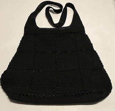#ad Faded Glory Black Hobo Woven Crochet Knit Shoulder Bag Zipper Lining 14”W X 10”H $14.99
