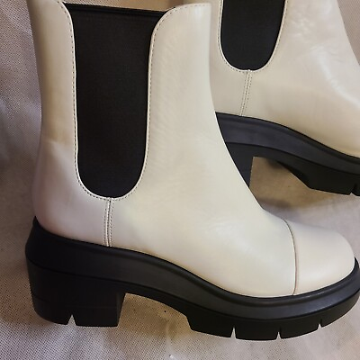 #ad Stuart Weitzman Norah Leather Lug Sole White Chelsea Booties Wide MSRP $550 $199.00