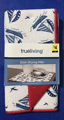#ad True Living Dish Drying Mat Sailboats Red White Navy 16” X 18” Red Back $3.99