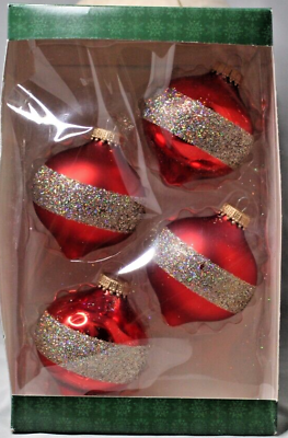 #ad Holiday Time Christmas Ornaments Red with Multicolor Pointed Ball Set of 4 Glass $10.85