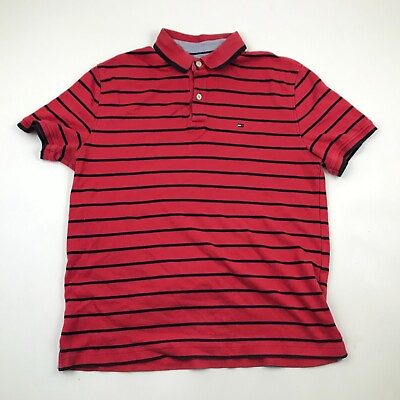 #ad Tommy Hilfiger Polo Shirt Size Medium M Red Short Sleeve Ringer Adult Striped $18.77
