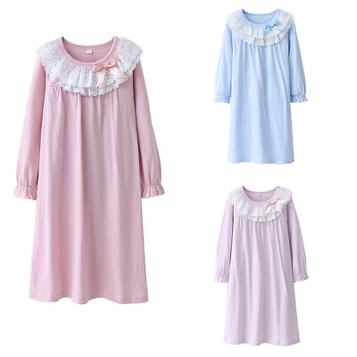 #ad Kids Girls Cotton Lace Nightgown Long Sleeve Solid Sleepwear Top Dresses $16.99